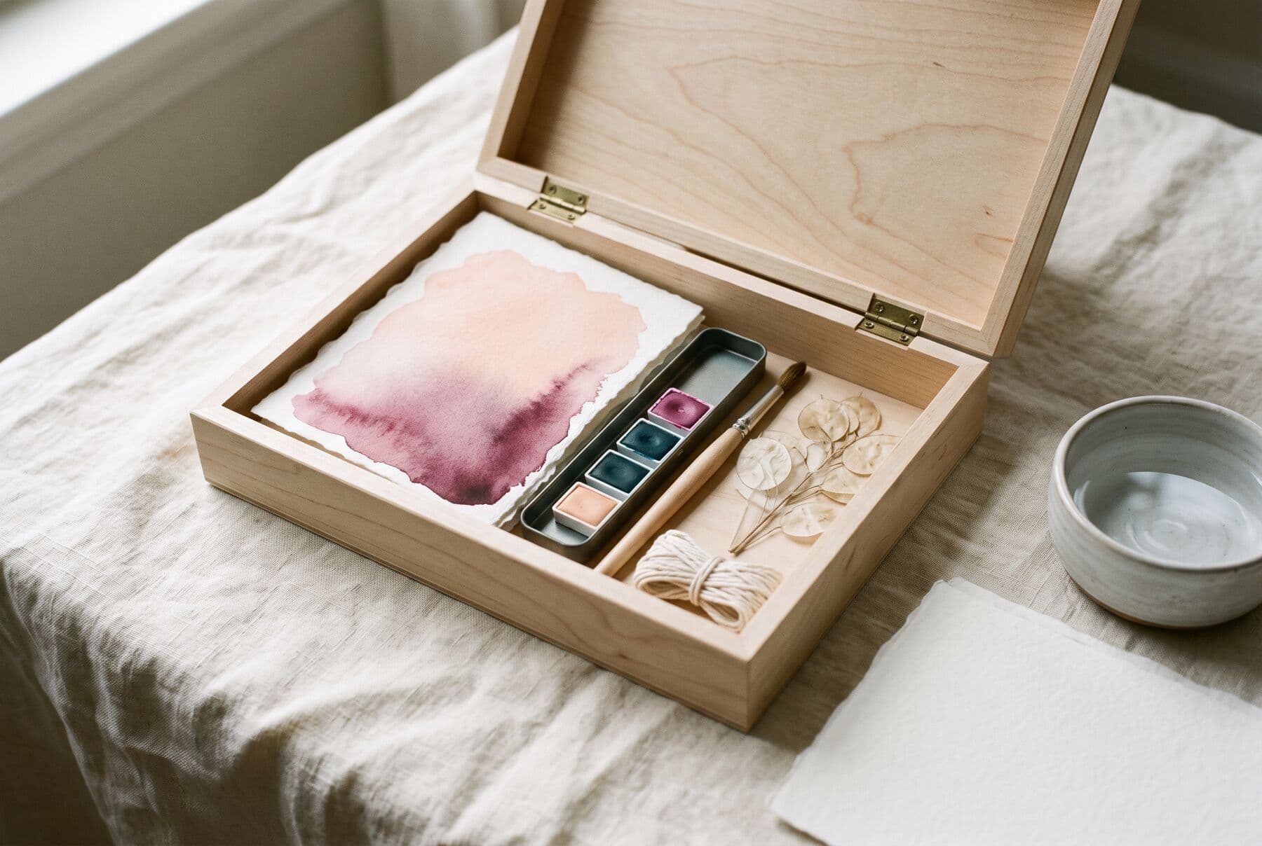 Caja de madera abierta con papel de acuarela, pastillas de color, un pincel, hilo y flores secas
