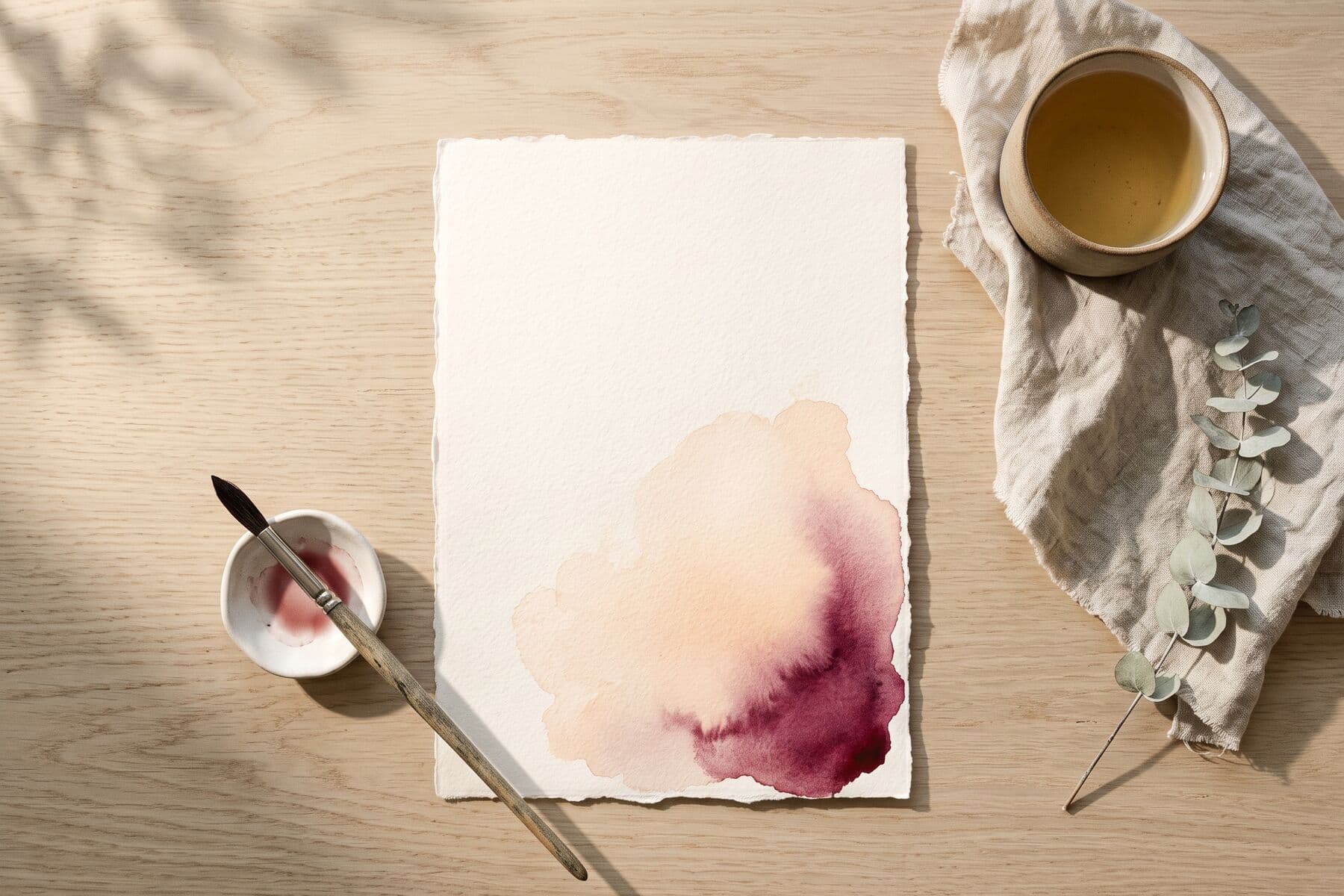 Hoja de papel de acuarela con una mancha durazno y magenta, un pincel y una taza de té sobre la mesa